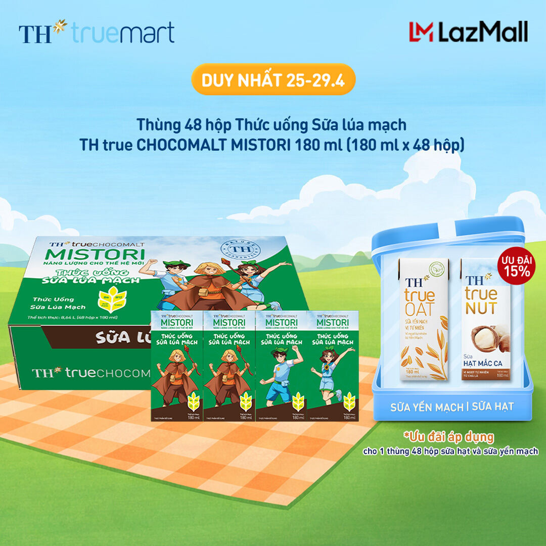 Thùng 48 hộp thức uống Sữa Lúa mạch TH true CHOCOMALT MISTORI 180 ml (180 ml x 48)