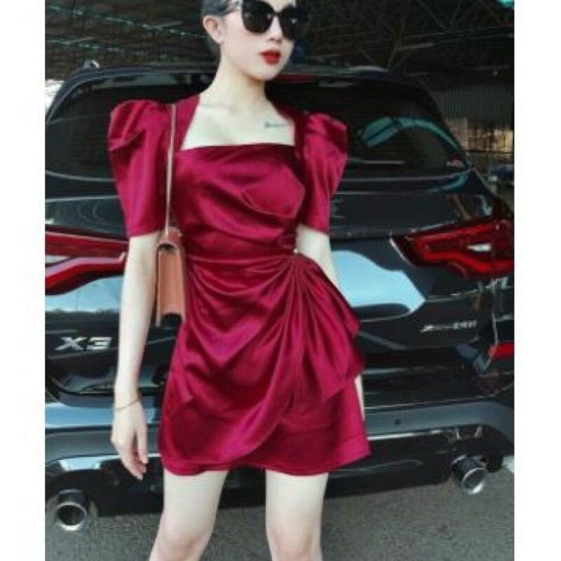 Đầm dự tiệc ngắn xoắn eo tay phồng