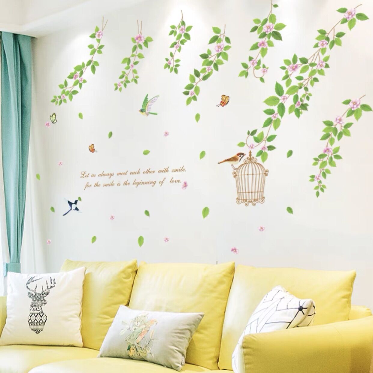 Tranh dán tường, Decal dán tường dây hoa và lồng chim