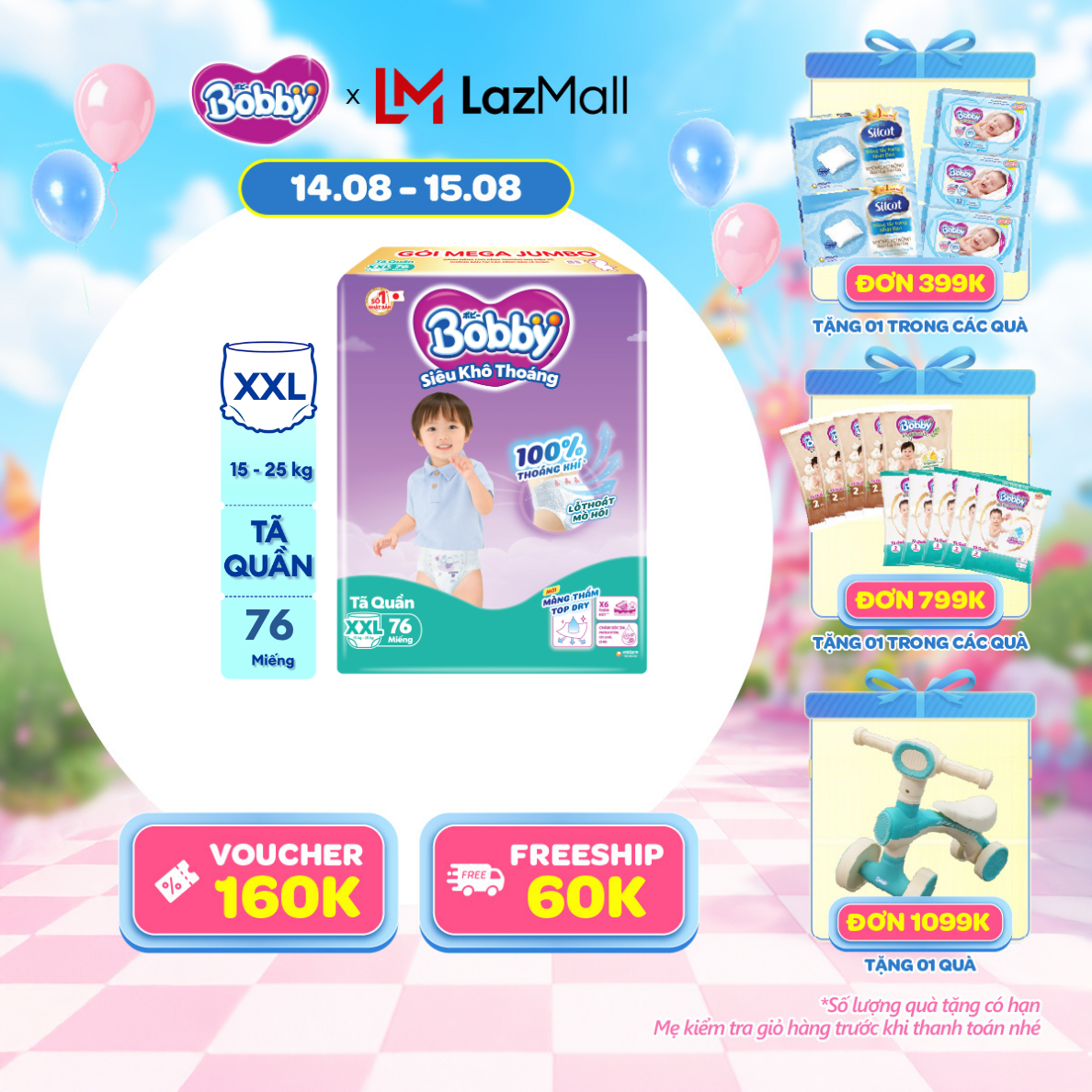 [12-14.08 QUÀ TO]Tã/bỉm quần Bobby 3mm Mega Jumbo Siêu khô thoáng XXL76 [Bao bì thay đổi theo từng đợt nhập hàng]
