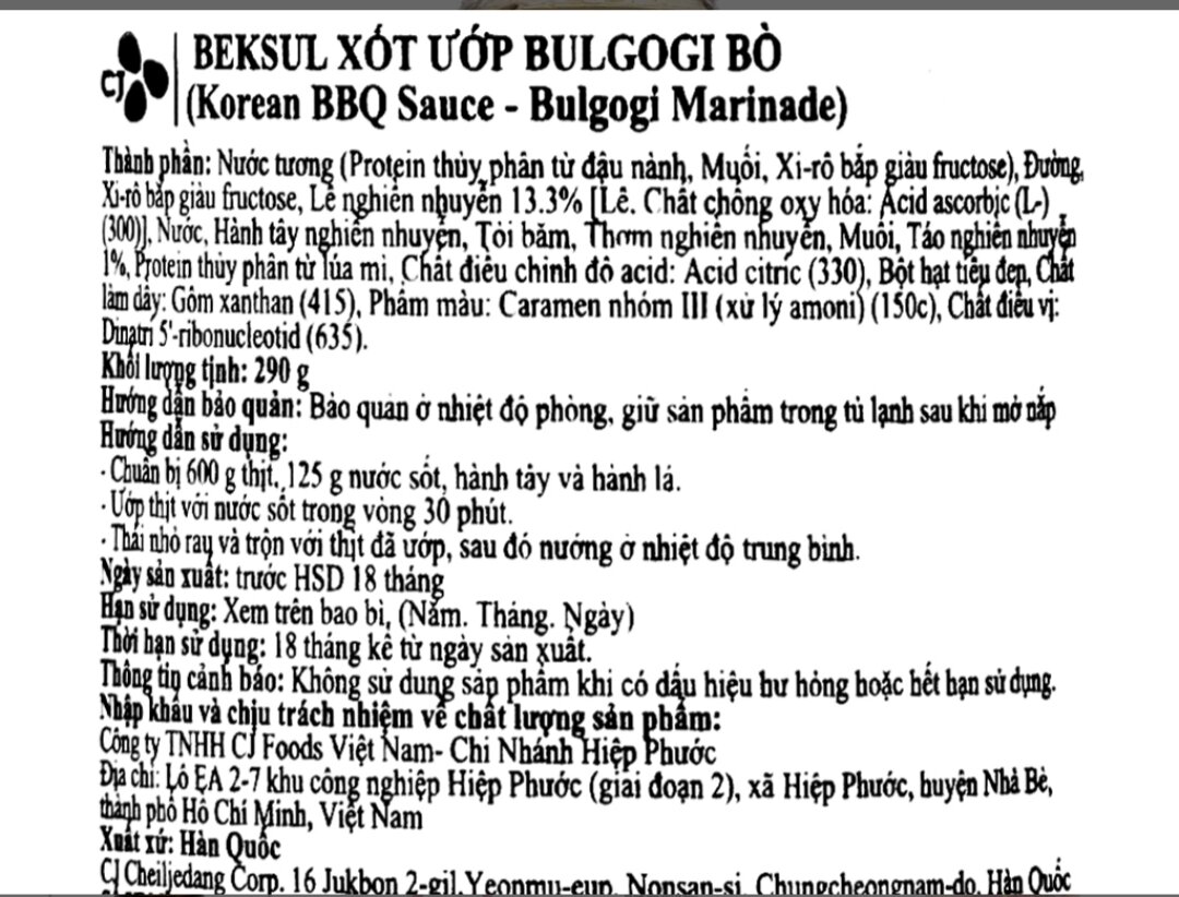Sốt ướp bulgogi bò 290g BEKSUL HÀN QUỐC