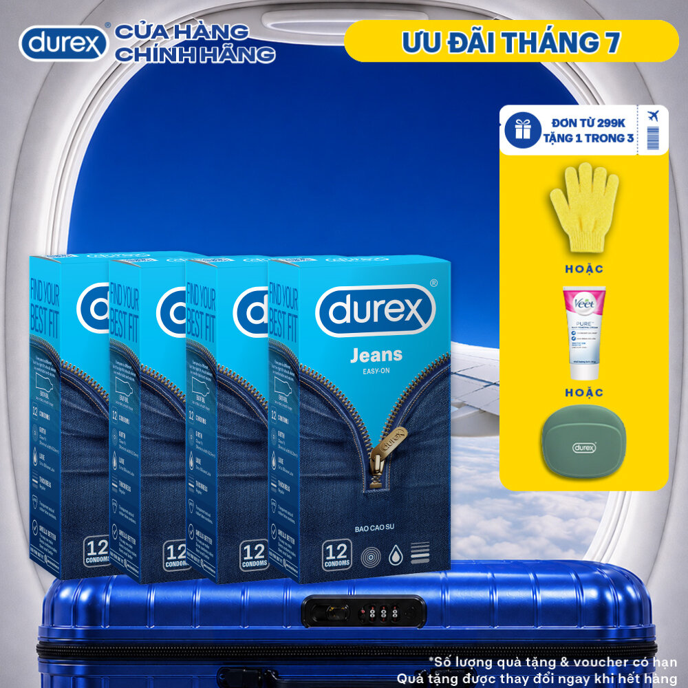 Combo 4 Bao cao su Durex Jeans cơ bản, bôi trơn, size 52.5mm, hộp 12 bao