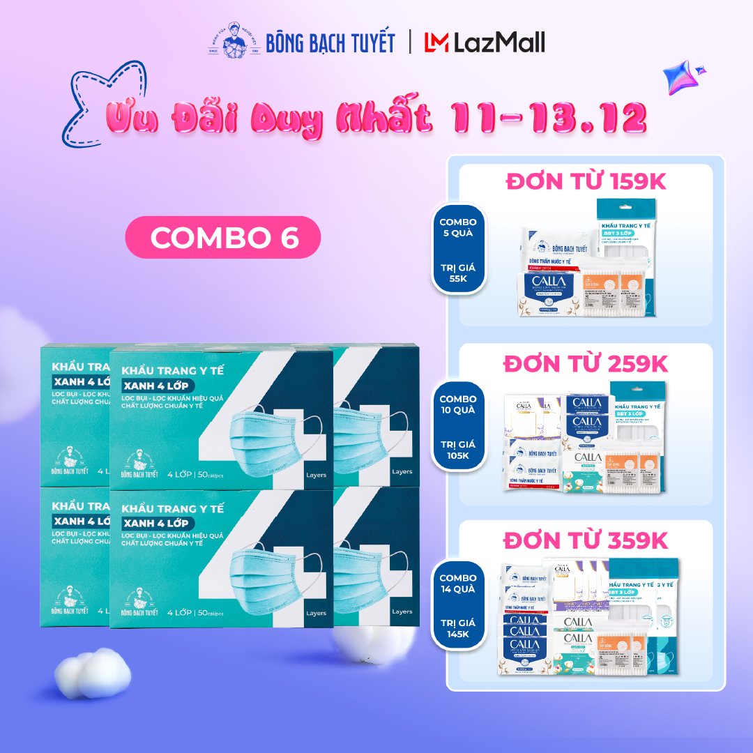  Combo 6 Hộp Khẩu trang Bông Bạch Tuyết 4 lớp xanh  50 cái hộp  