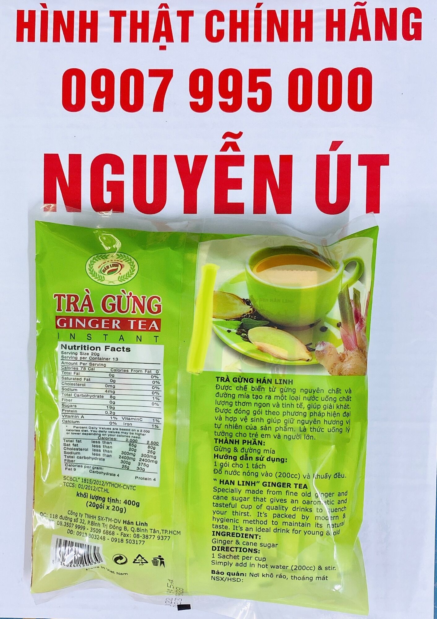 Trà gừng ginger tea hán linh bịch 20 gói x 20g