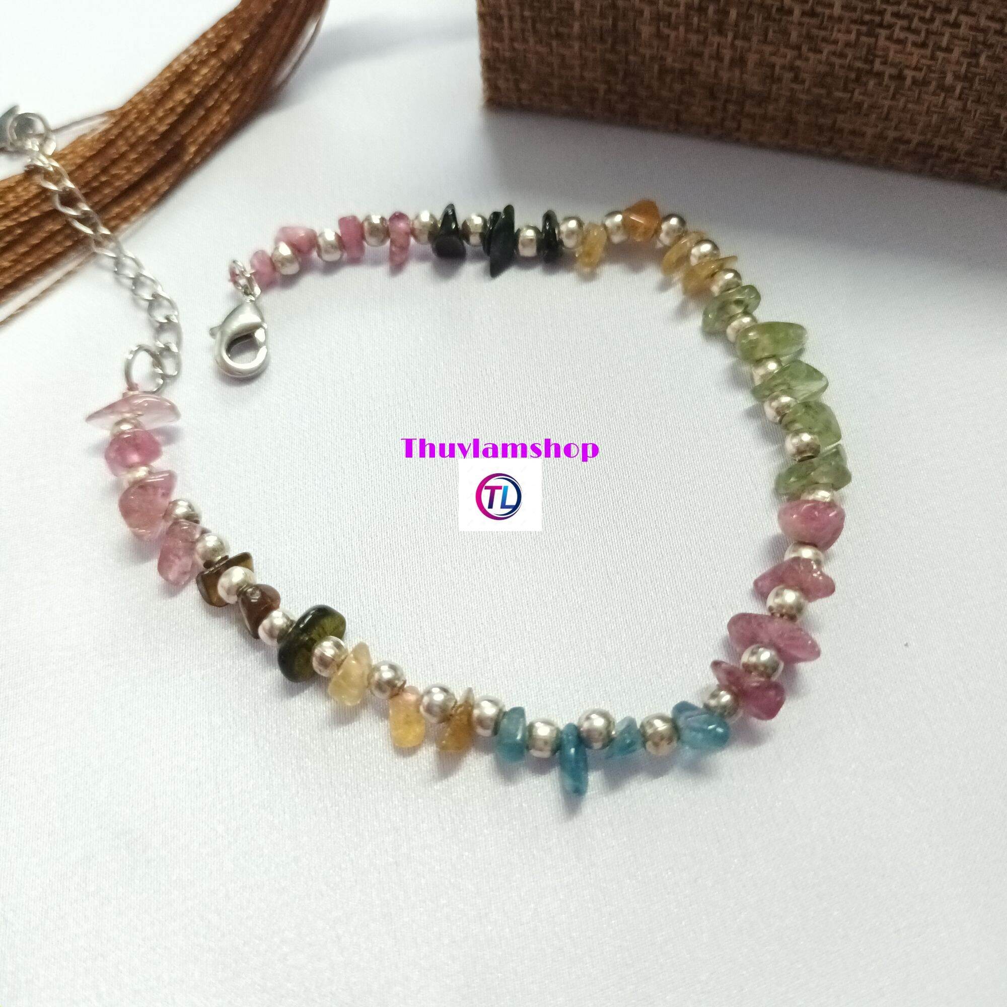 Vòng tay đá tourmaline vụn thô mic kèm charm bạc đẹp xinh xinh