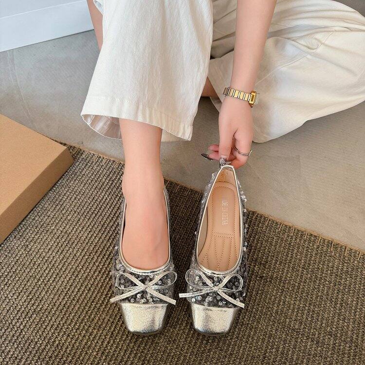Giày Đế Bằng Mary Janes Đính Hạt Nhún Bèo Cổ Điển Mùa Thu Cho Nữ Giày Đế Bằng Đính Nơ Hở Mũi Đế Cao Su PU Thường Ngày. 