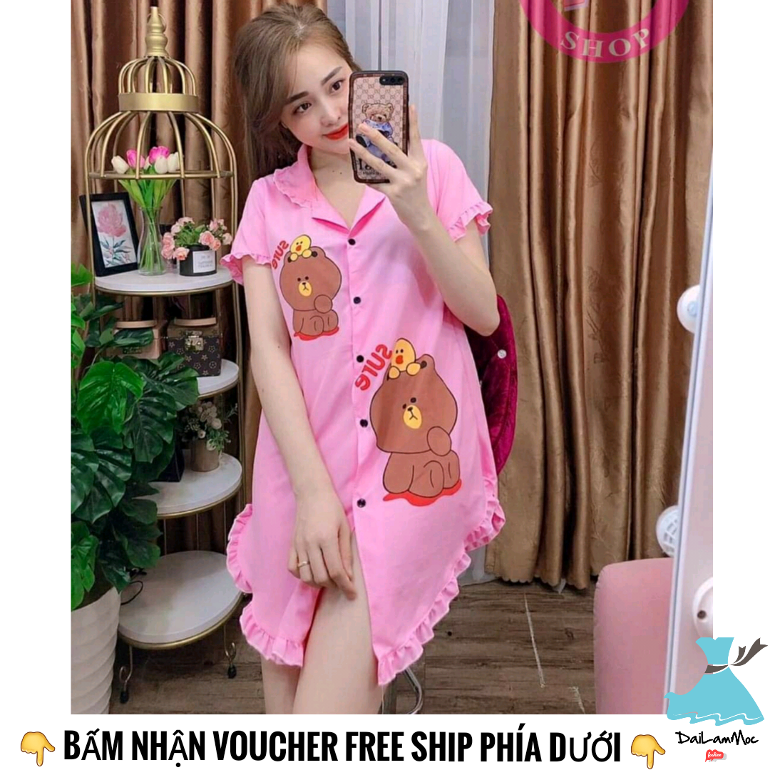 Đầm ngủ sơmi ngắn chất lụa hàn mặc nhà cho nữ - Áo dấu quần dài mặc nhà - M43