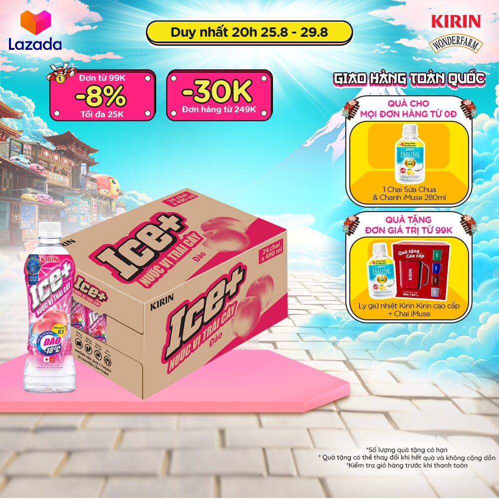 Thùng 24 chai nước vị trái cây kirin ice+ - đào 490ml