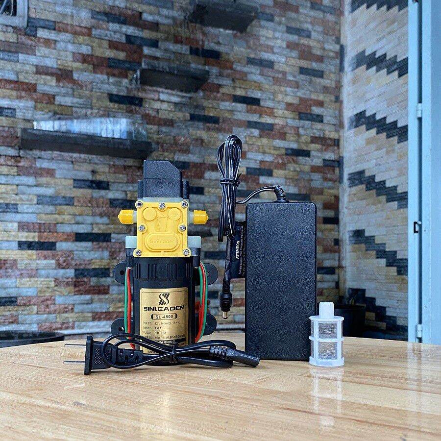Bộ Máy bơm mini 12V,220v Sinleader 60W kèm nguồn, lọc rác dùng để phun sương tưới lan, rửa máy lạnh, tưới cây