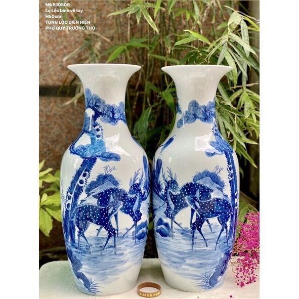Set 2 Lộc bình H50cm men lam, họa tiết vẽ thủ công. Gốm sứ Bát Tràng