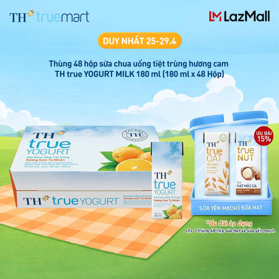 Thùng 48 hộp sữa chua uống tiệt trùng TH true YOGURT hương cam tự nhiên 180 ml (180 ml x 48)