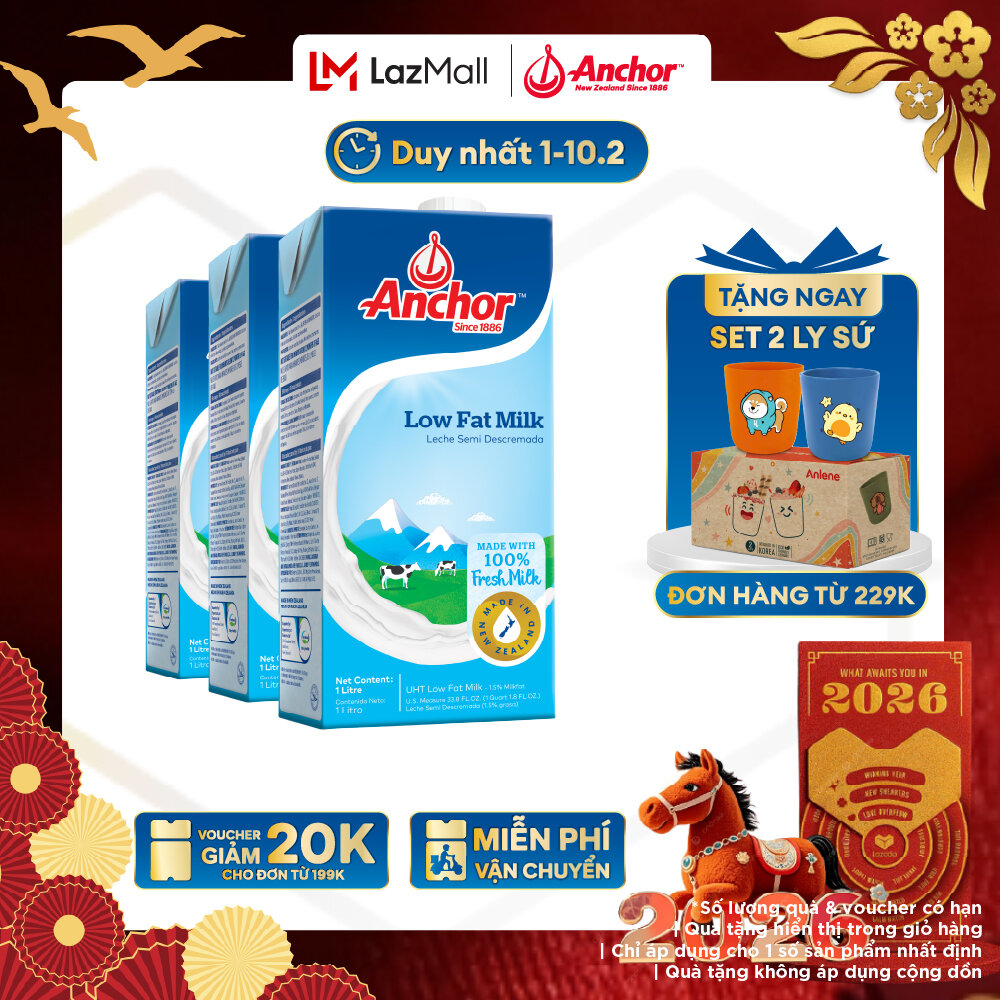 [GIAO HÀNG HỎA TỐC - HCM] Combo 3 Sữa Tươi Tiệt Trùng Anchor Ít Béo Hộp 1 Lít