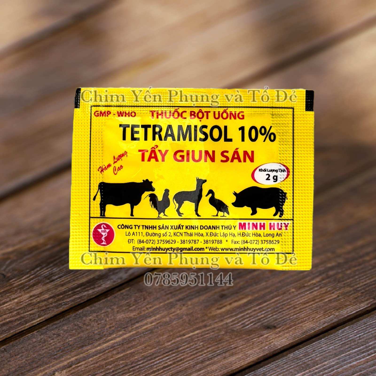 1 gói tetramisol 10% (minh huy) tẩy giun sán trên vật nuôi.