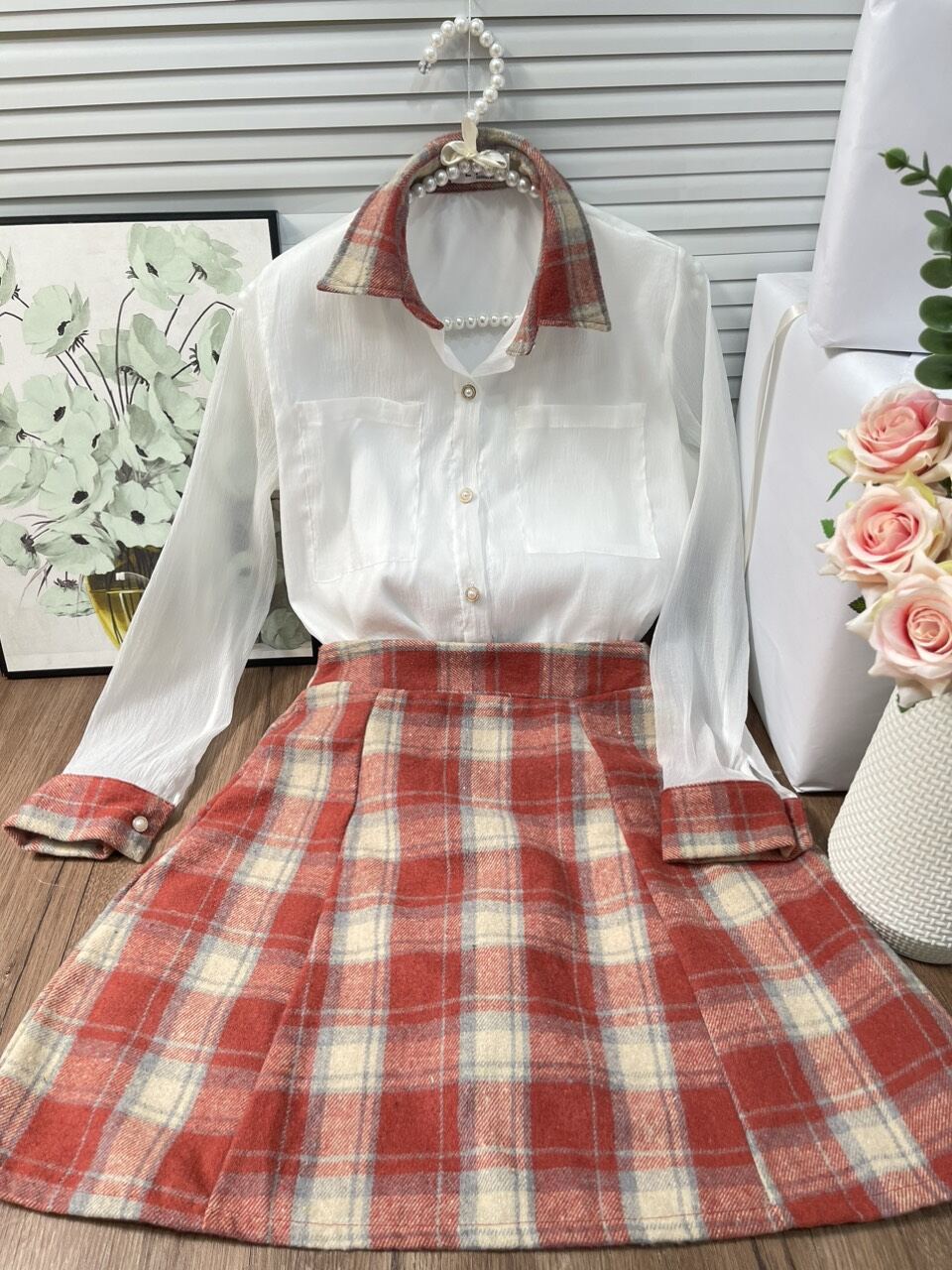 Sét áo somi phối chân váy dáng A xinh