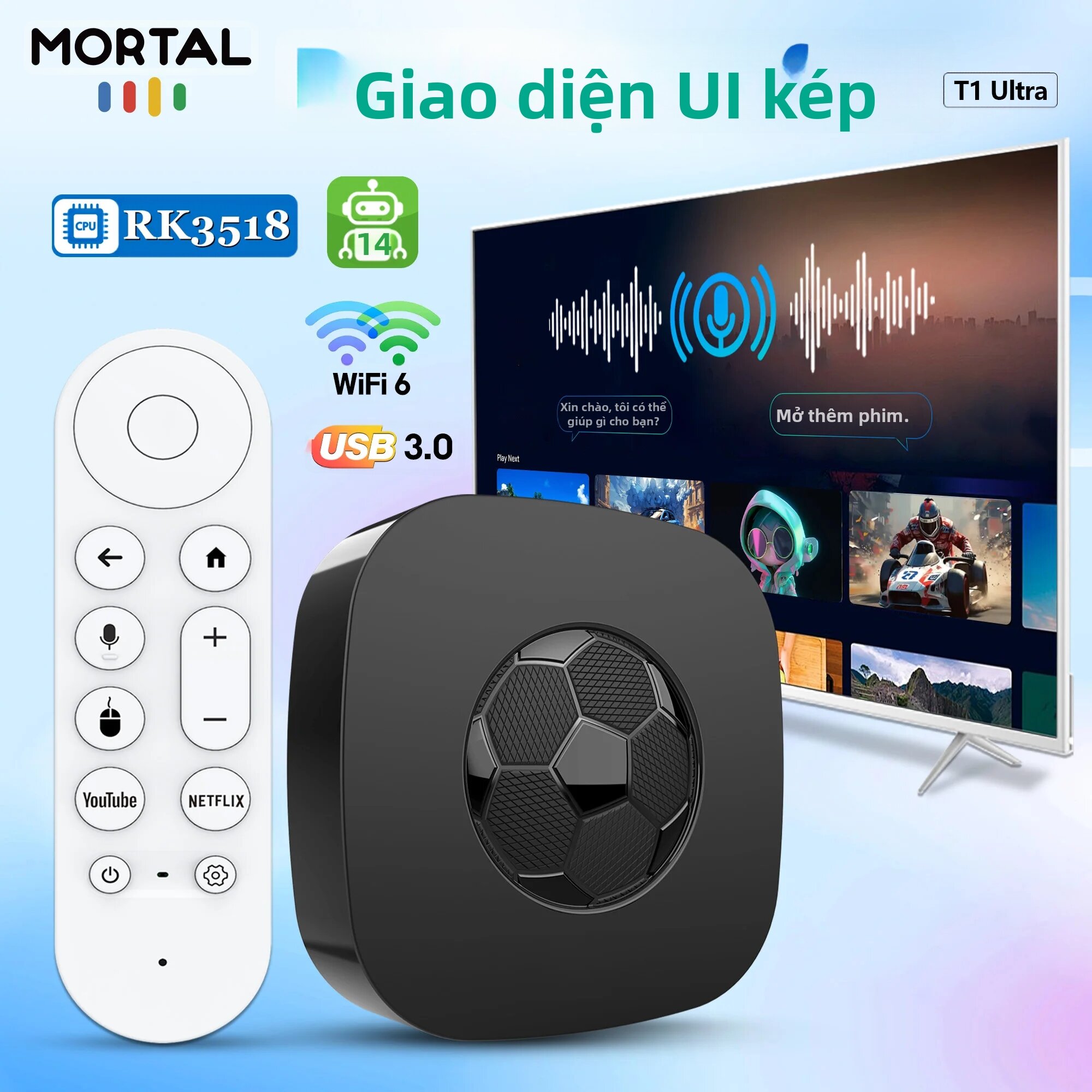 Hộp Giải Mã Truyền Hình MORTAL T1 ULTRA Mini Media TV Box 2026 Mới, Hệ Điều Hành Android 14 Kép, Hỗ Trợ Plug And Play, Giải Mã 4K, BT5, Wifi 6, Chip RK3518, Kèm Điều Khiển Từ Xa