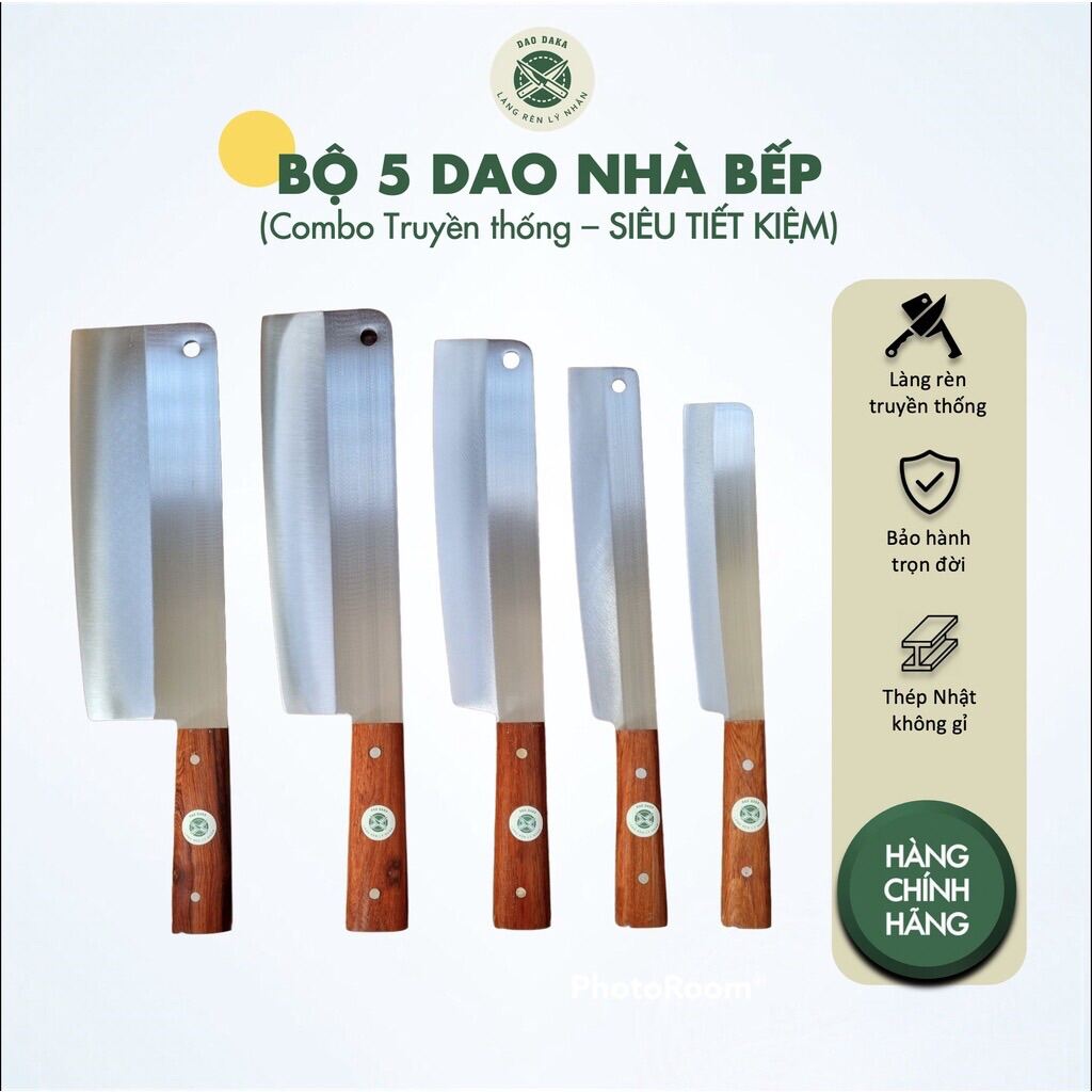 [Dao DAKA - Lý Nhân] Combo 5 dao nhà bếp thép Nhật trắng không gỉ - Chuôi gỗ