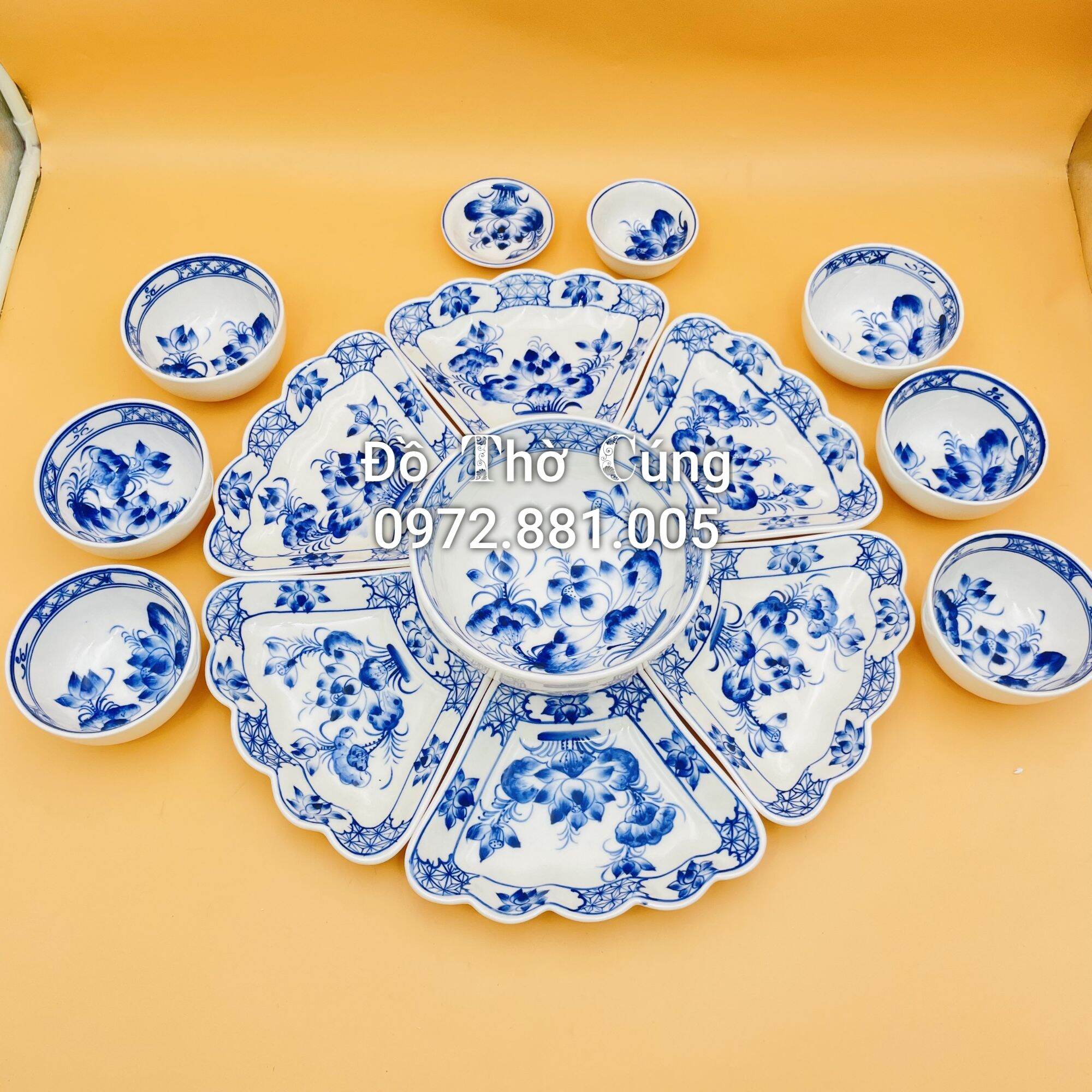 Bộ bát đĩa/Bộ đồ ăn vẽ hoa sen men cổ
