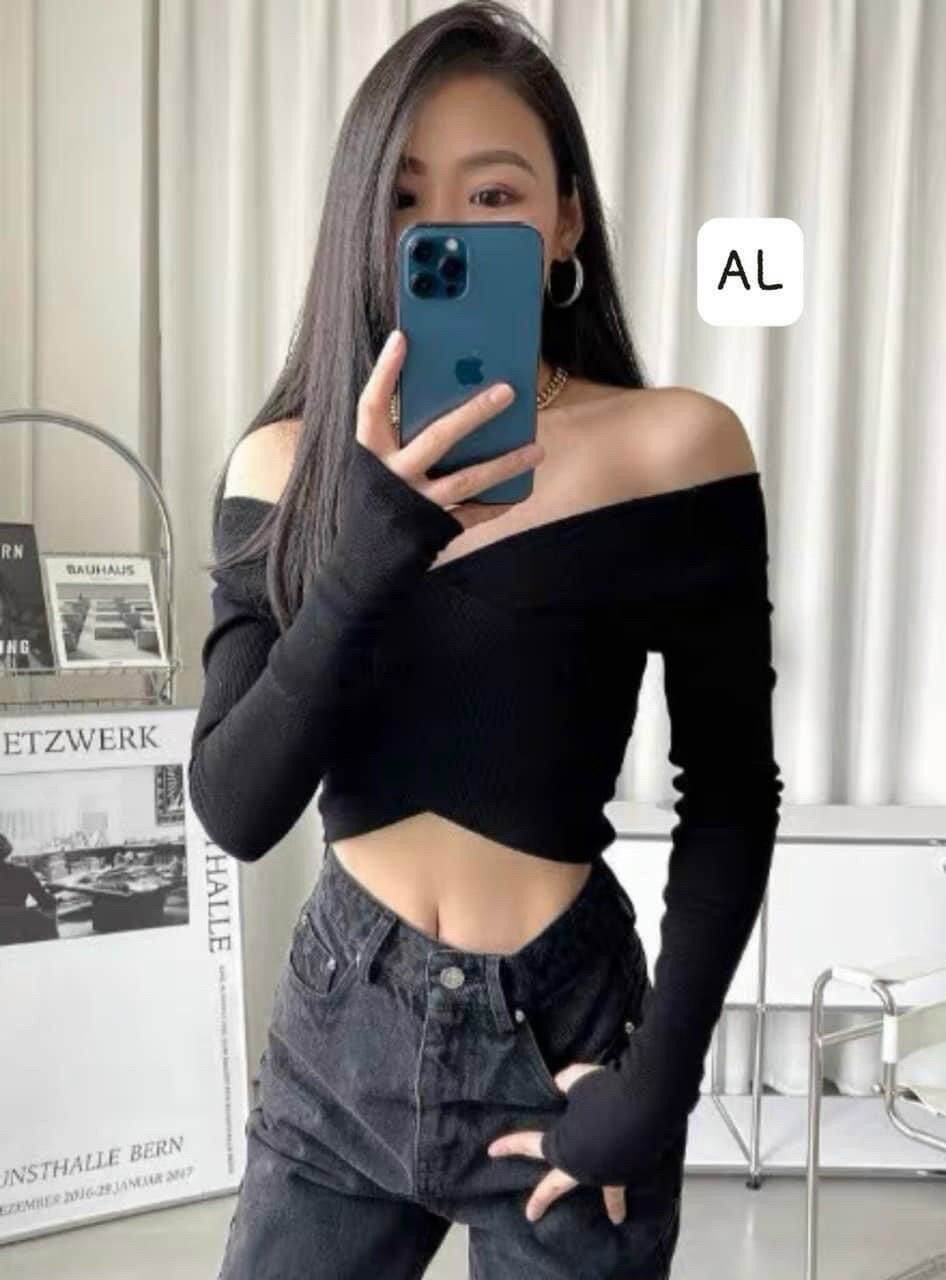 Áo thun kiểu đắp chéo tay dài croptop thun gân