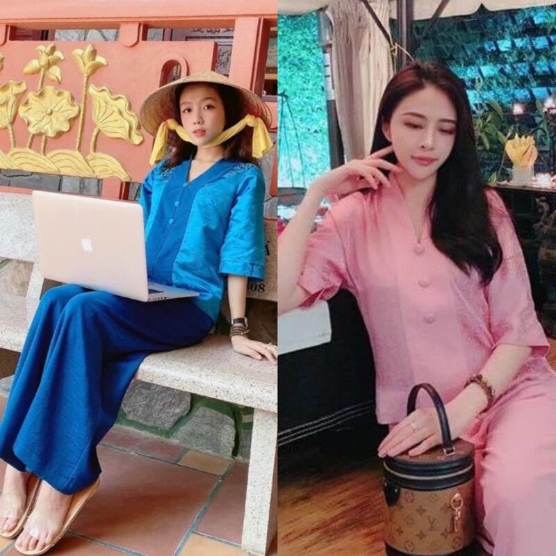 Đồ lam đi chùa nữ, mẫu bà lai gấm phối lụa, big size từ 45-70 ký, hàng tay lở quần ống suông 2 túi-Phapphuchoangnghia