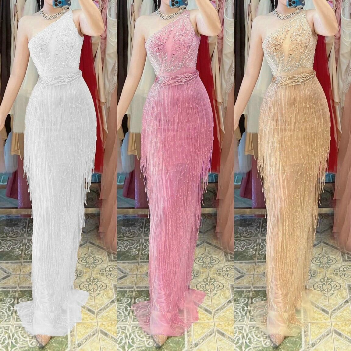 Đầm maxi 1 vai phối rua kết
