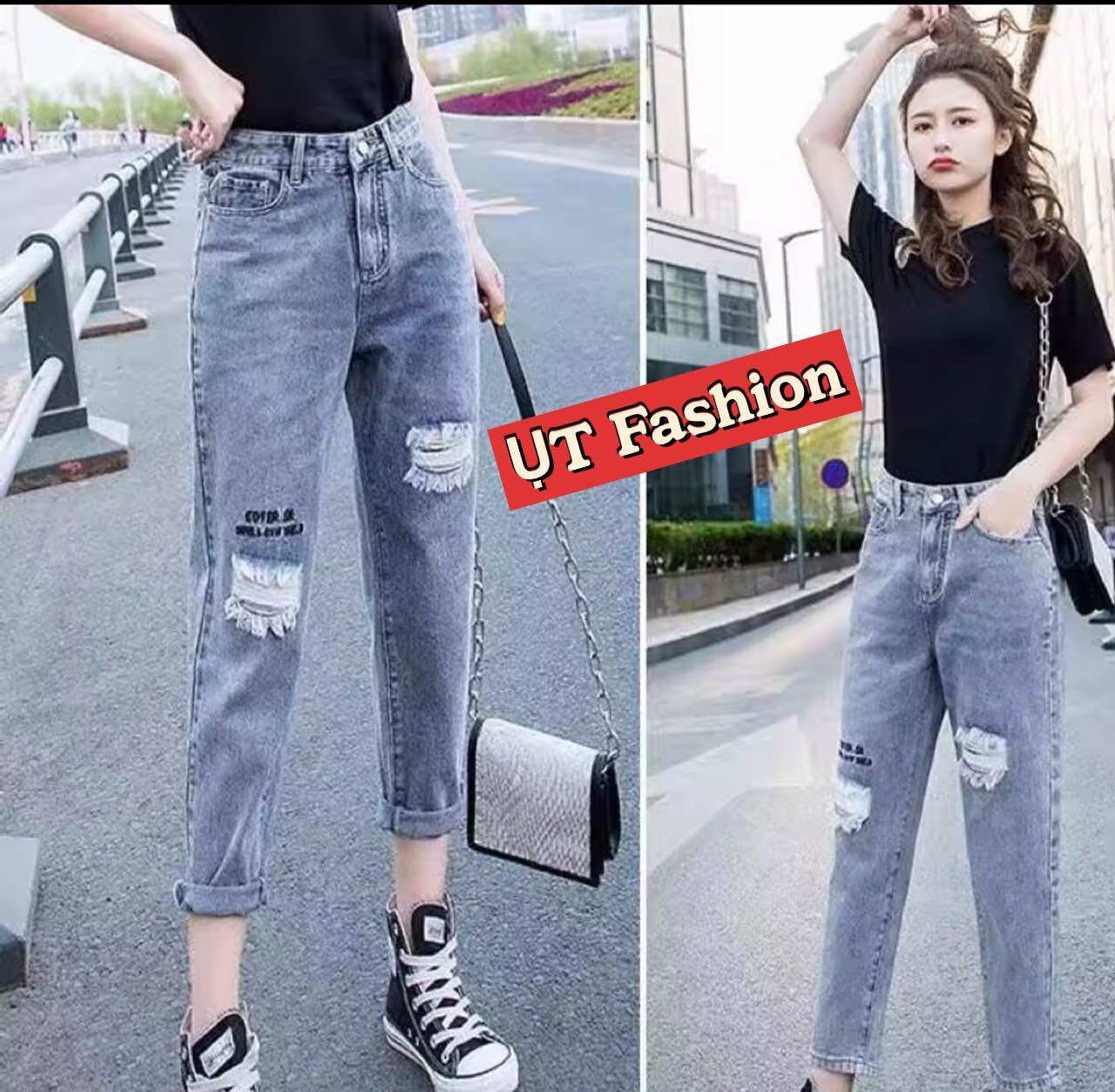 Quần baggy jean nữ chất bò thêu chữ rách cao cấp - ụt fashion