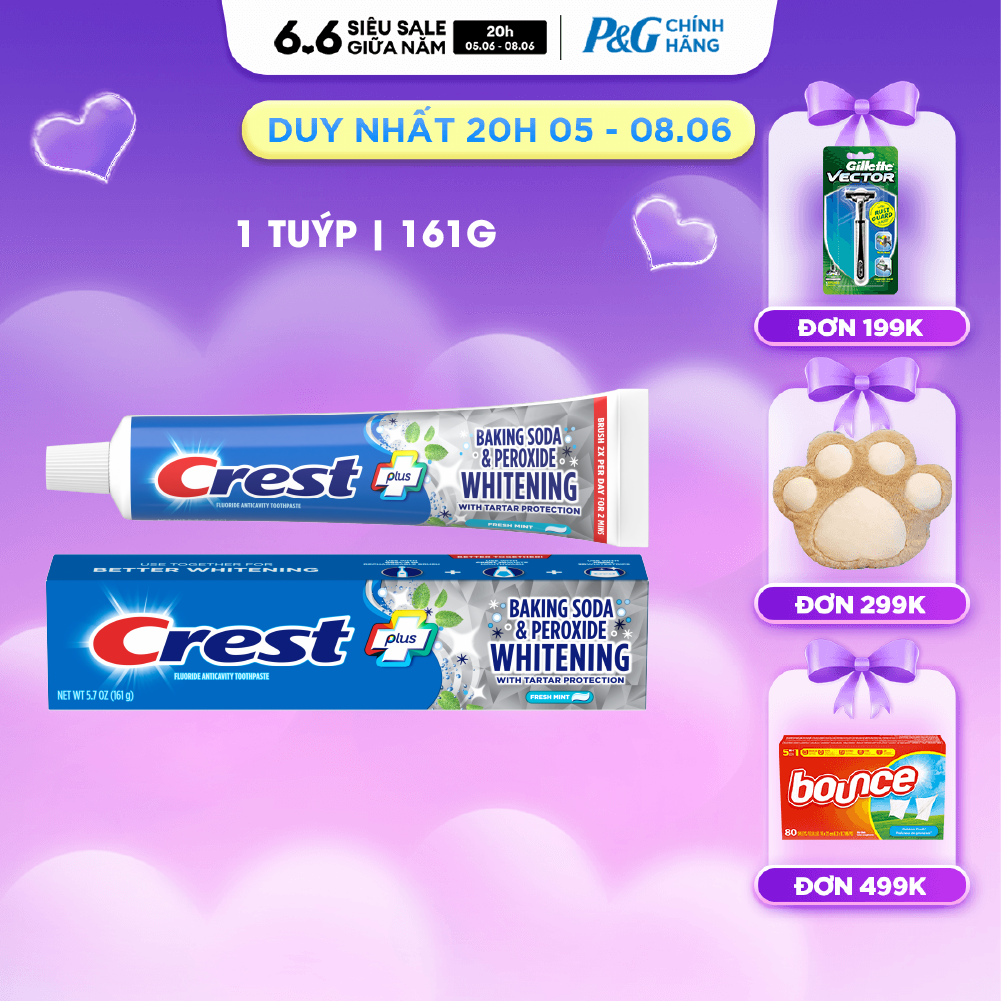 Kem đánh răng Crest Baking Soda  Peroxide Whitening Trắng Sáng Ngừa Vôi Răng hương Fresh Mint 161g - Mỹ