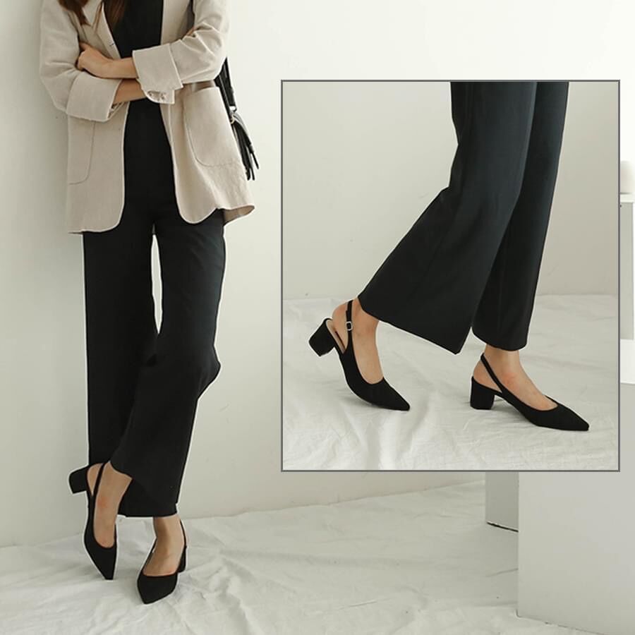 Giày sandal 5 phân mũi nhọn gót vuông Annmodels chất xi lộn _A026XL