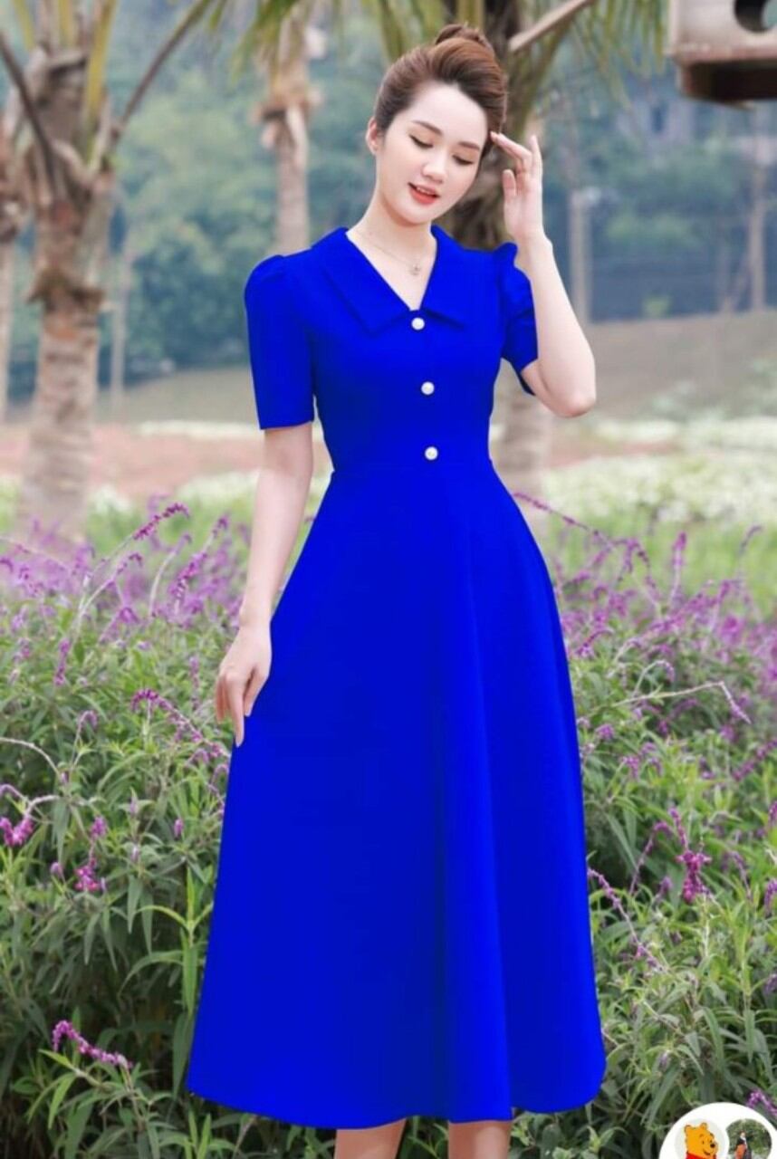 Đầm xòe dự tiệc cổ ve phối nút sang trọng size từ 30-80kg