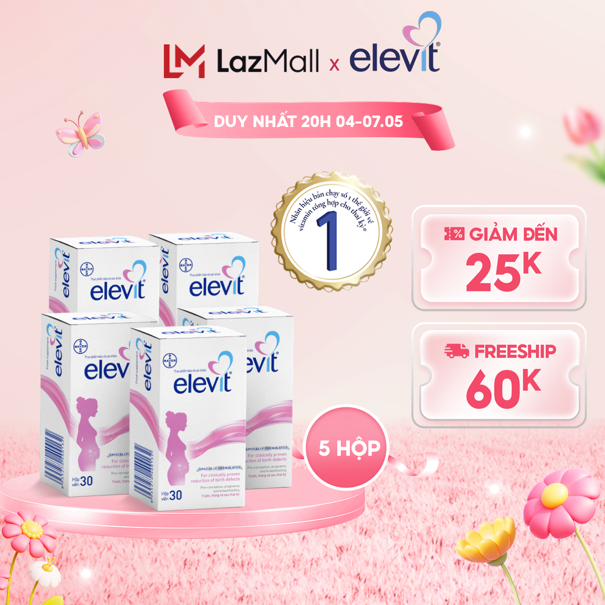 Bộ 5 Hộp Vitamin Bầu Tổng Hợp Elevit Cho Phụ Nữ Trước Trong và Sau Thai Kỳ (30 Viên/ Hộp)