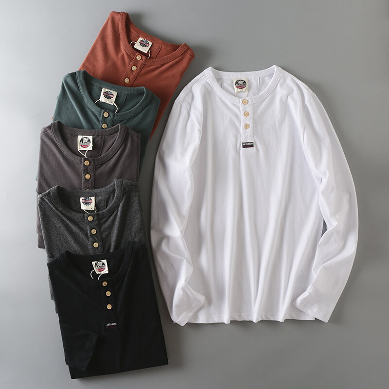Áo Phông Nam Phong Cách Nhật Bản Đơn Giản Cắt Mác Hàng Xuất Dư Bò Hàng Xuất Dư Áo Mặc Trong Dài Tay Cổ Tròn Cotton Cổ Henly Mềm Mại