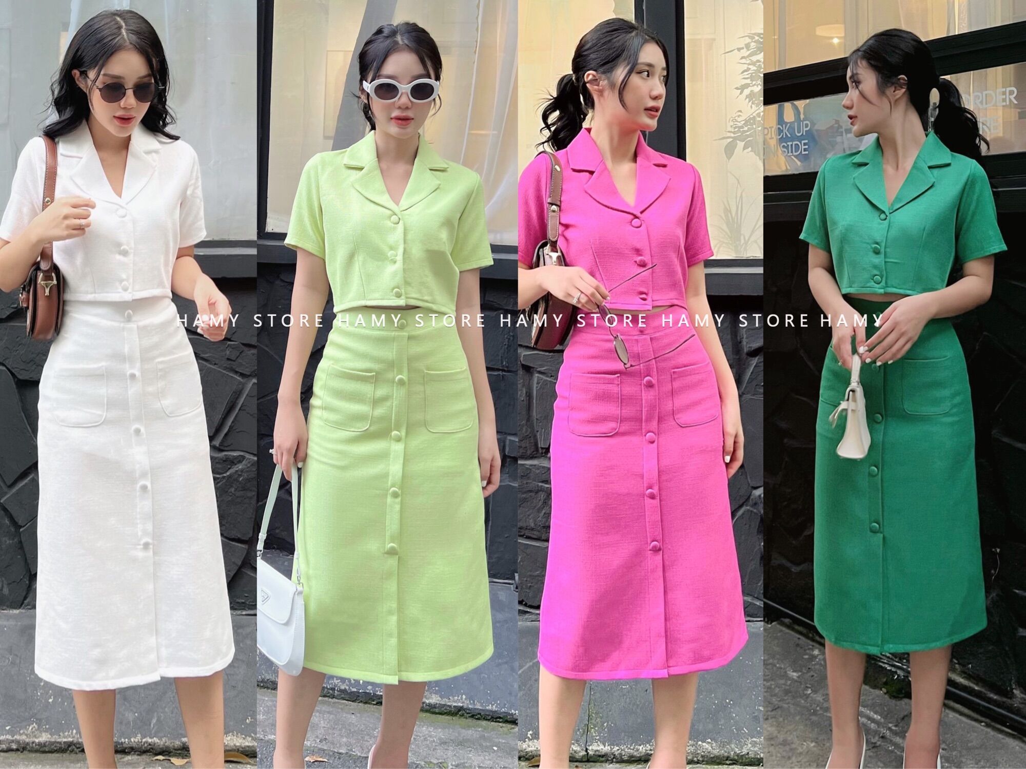 Set vest chân váy dài nút bọc