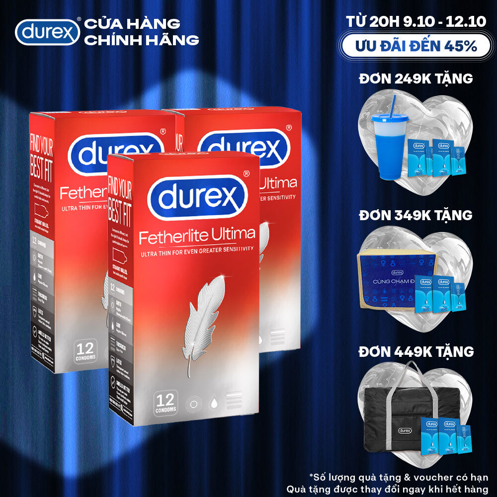 [TỪ 20H | 9-12.10 VOUCHER GIẢM THÊM 8%] Combo 3 Bao cao su Durex Fetherlite Ultima siêu mỏng, size 52mm, 12 bao/hộp