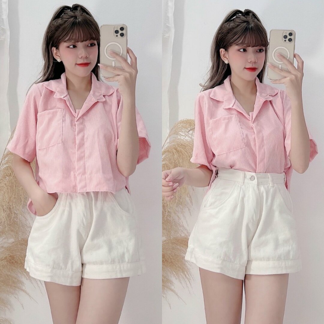 Áo Sơmi Nhung Tăm Croptop