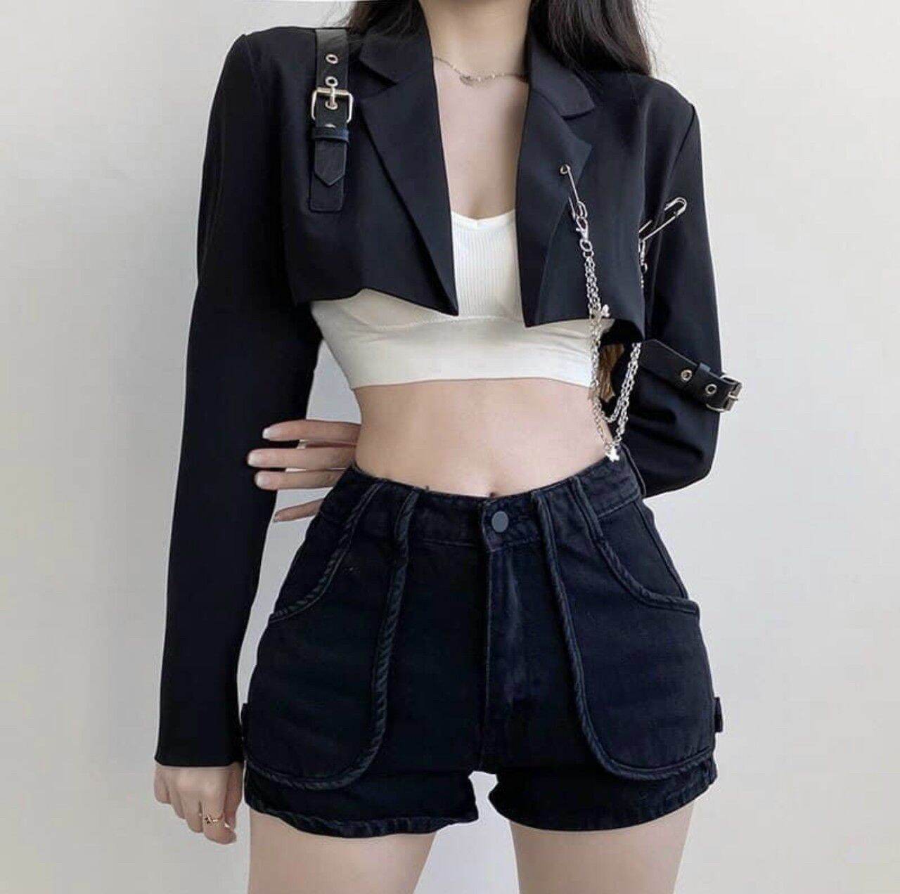 🎀 áo cổ vest croptop phụ kiện dây xích cá tính