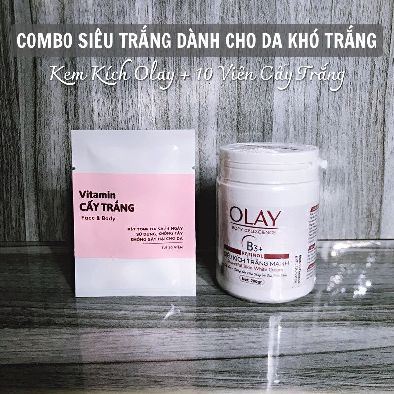 Combo 1: kích trắng da 10 viên cấy trắng và kích trắng olay.