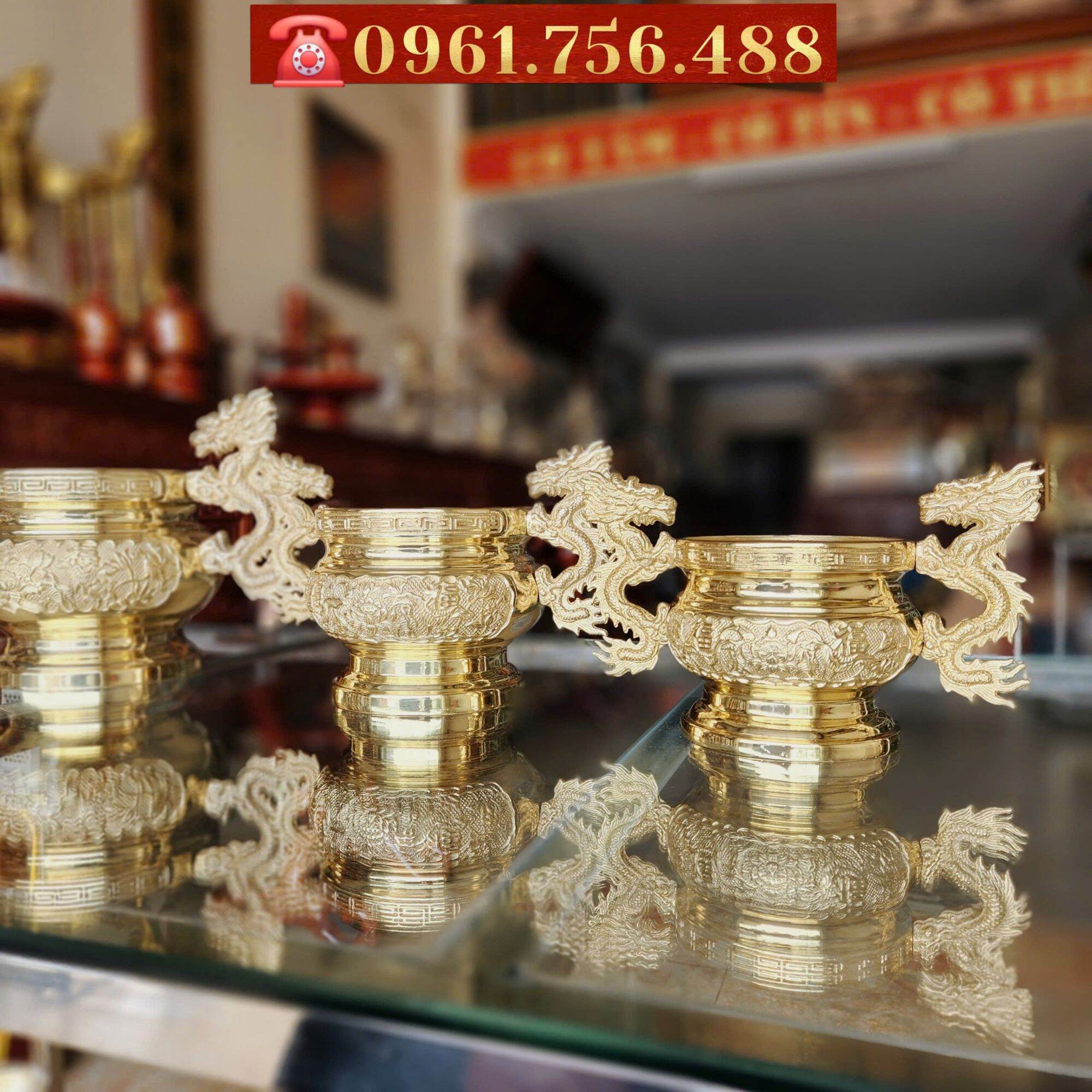 Lư hương bát hương tai rồng đồng vàng 17cm