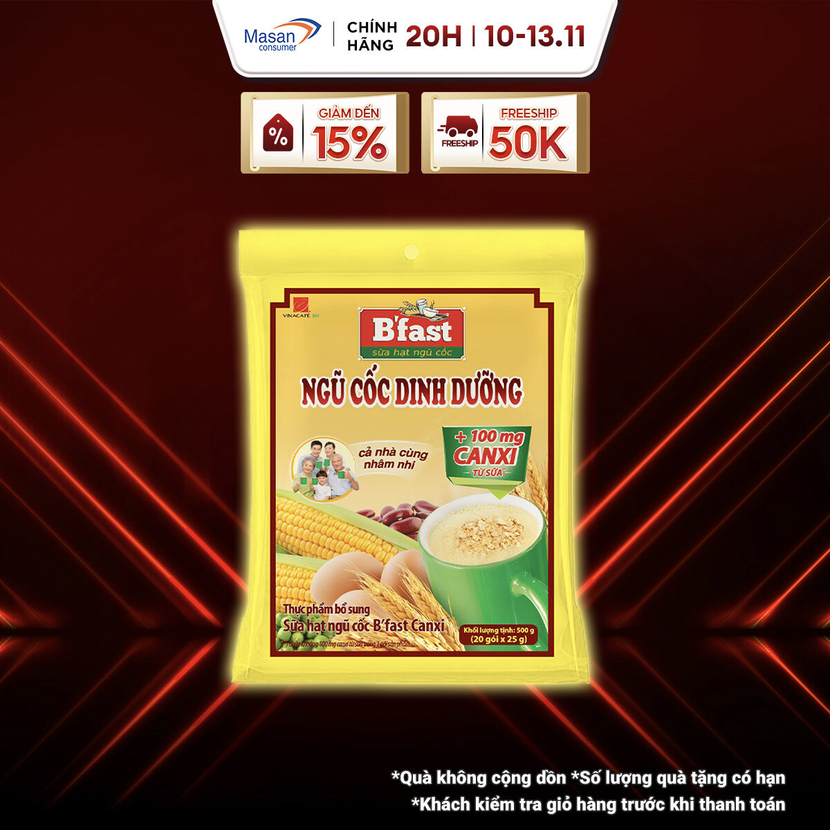 [11.11-13.11 Voucher 18% CHO ĐƠN TỪ 199K]Thực Phẩm Bổ Sung Sữa Hạt Ngũ Cốc BFast Canxi - Túi 20 Gói 