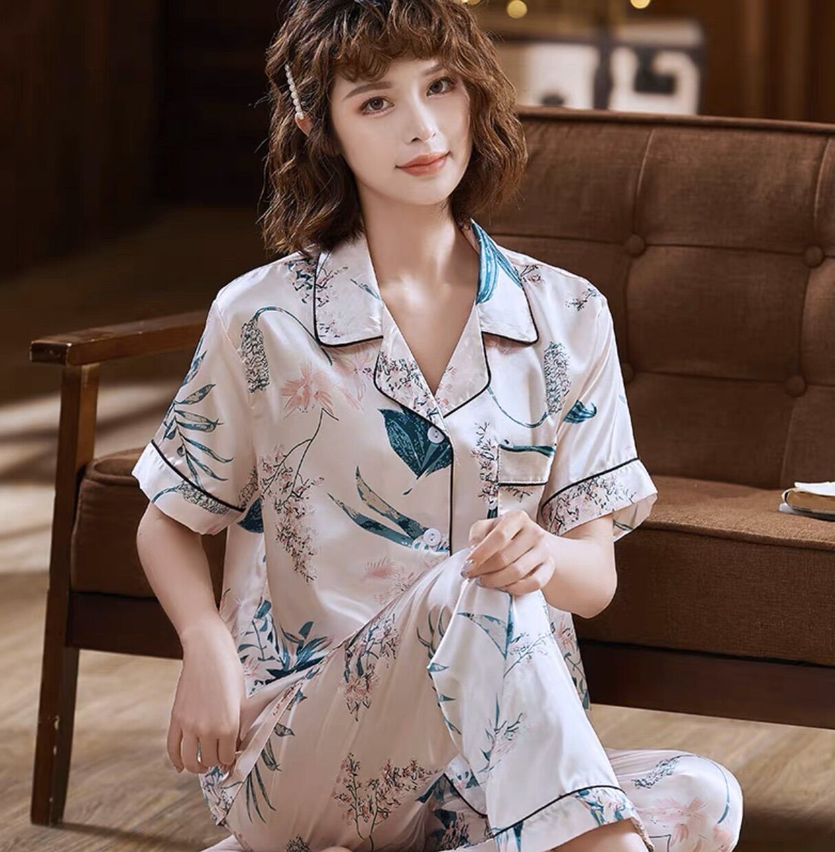 Pizama phi lụa họa tiết lá Tay Ngắn dễ thương - Y22 (Kèm ảnh+ video thật)