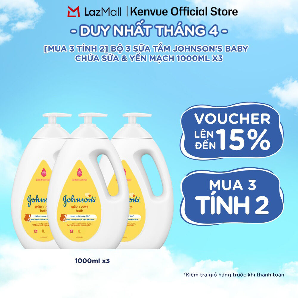 [Mua 3 tính 2] Combo 3 Sữa tắm Johnson's Baby Chứa Sữa Gạo  Yến Mạch 1000ml/chai