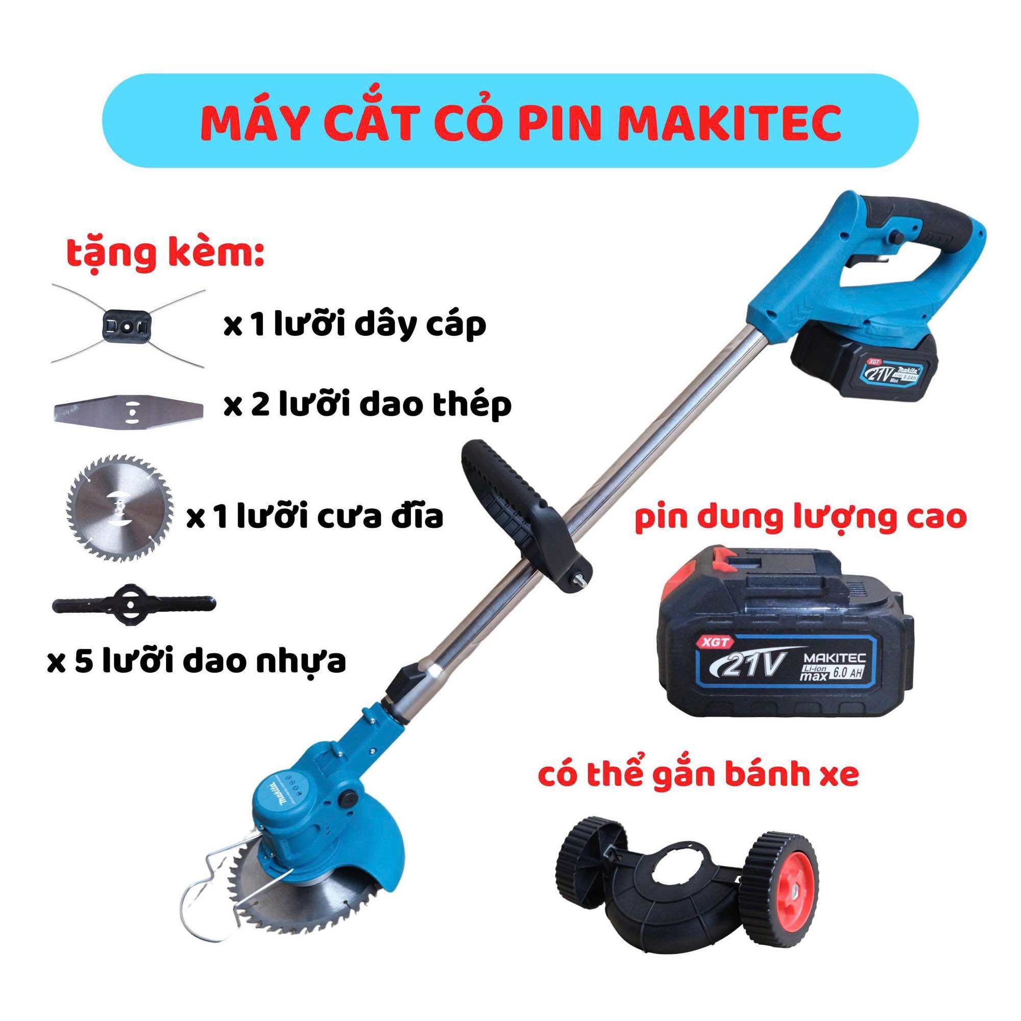 Máy cắt cỏ pin mini cầm tay MAKITEC 1800W động cơ lõi đồng cắt cỏ cây tiện lợi