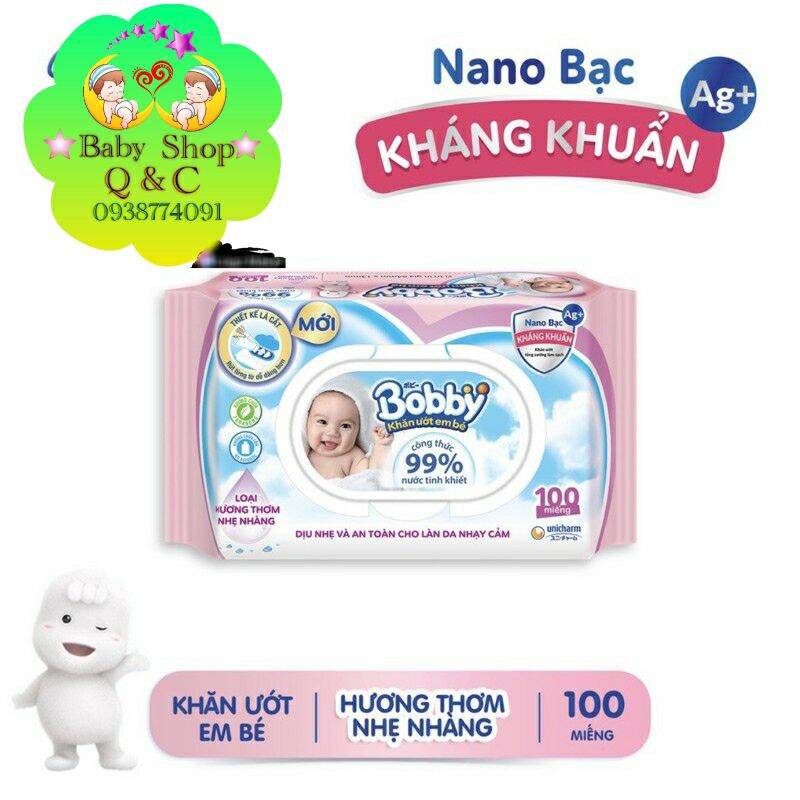 ??khăn ướt bobby 100 tờ loại hương thơm nhẹ nhàng màu hồng