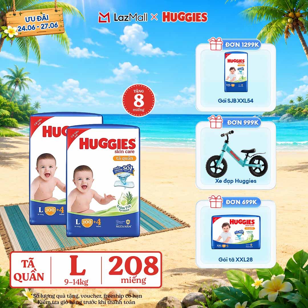 [Chỉ 25-29.06 GIẢM THÊM 90K]  Combo 2 Gói Tã/bỉm quần HUGGIES SKINCARE MEGA JUMBO size L100+4 miếng