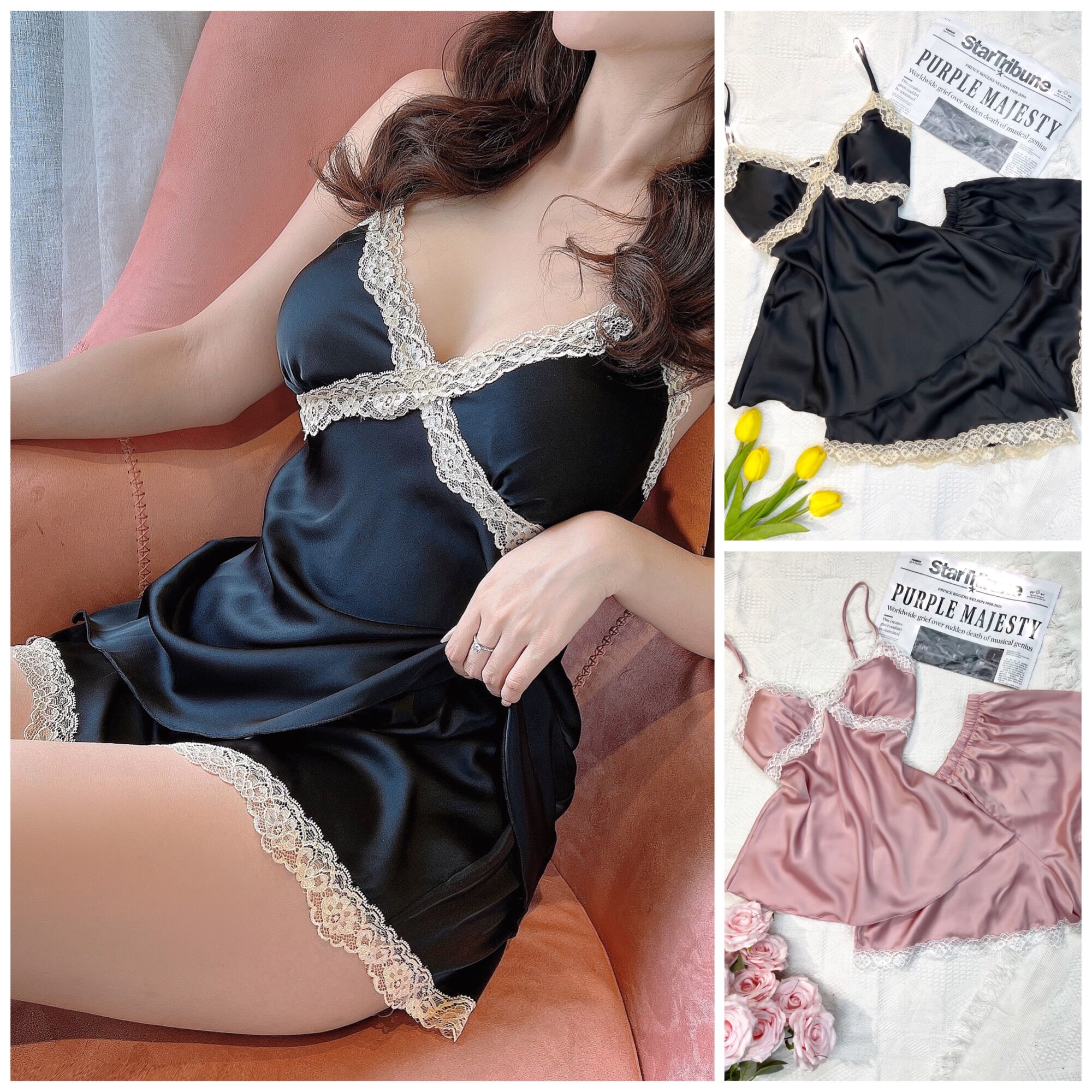 Set ngủ 2 dây quần ngắn phối ren chéo ngực