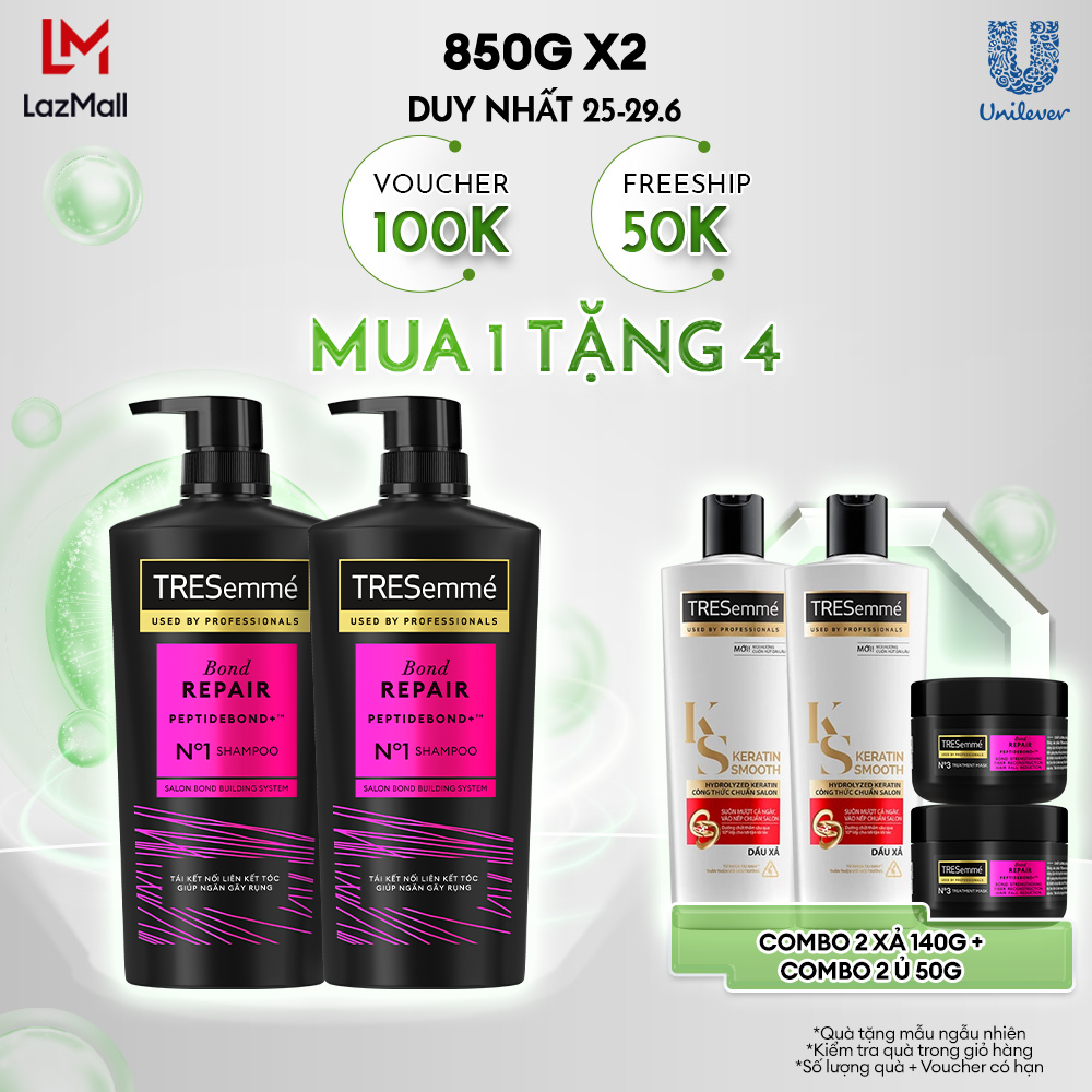 Combo 2 Dầu Gội TRESemmé Bond Repair Peptidebond+ Cho Tóc Hư Tổn Do Tạo Kiểu Giúp Ngăn Gãy Rụng (850gx2)
