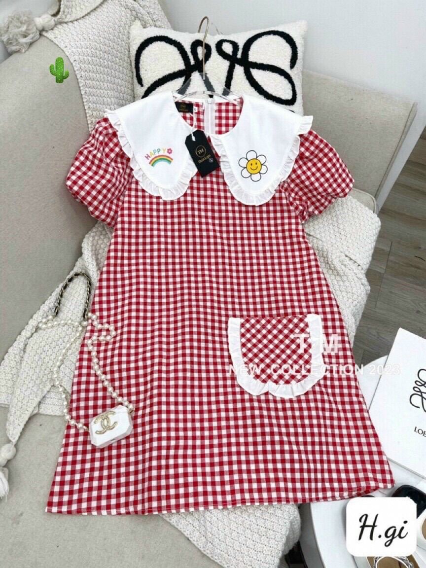 Đầm xuông caro cổ bèo in hoa pc