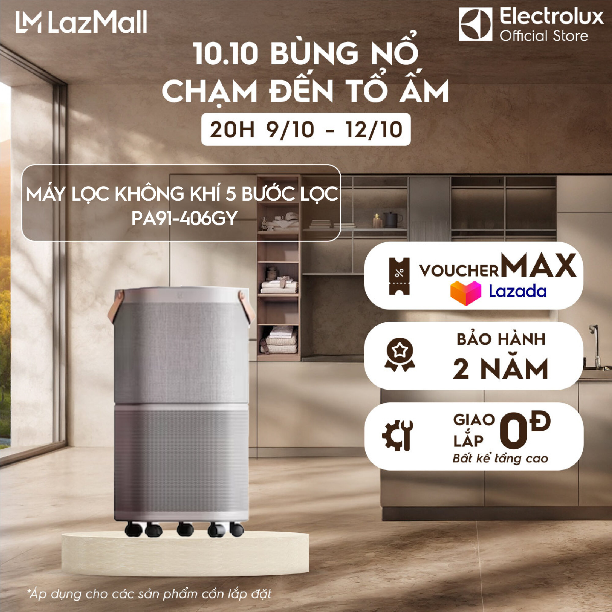 Máy lọc không khí Electrolux PA91-406GY cho phòng 60m2 - Bộ lọc HEPA 13 5 lớp diệt 99.99% vi khuẩn & bụi mịn, màn hình cảm ứng hiển thị chất lượng không khí, kết nối Wifi