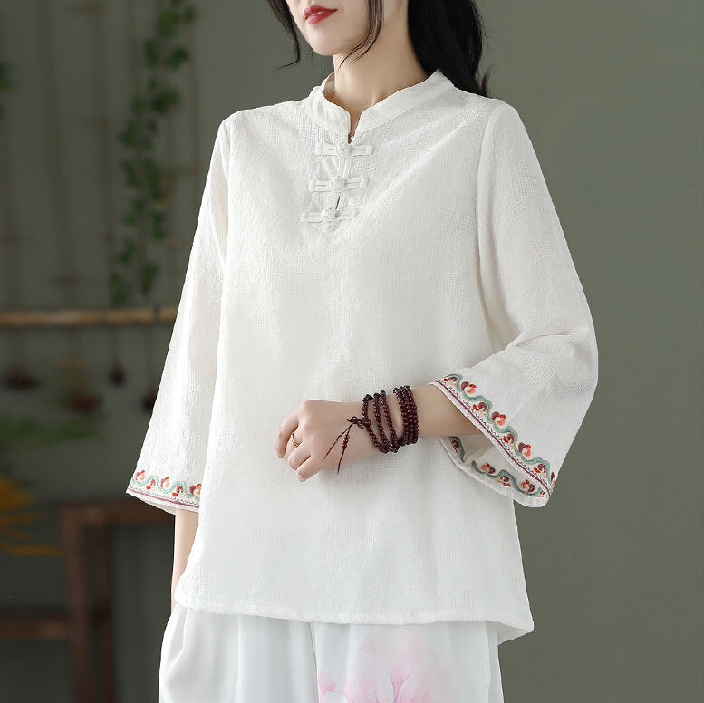 Áo Sơ Mi Cotton Lanh Cổ Tròn Tay Dài Mùa Xuân Hè Phong Cách Cổ Điển Dành Cho Nữ, Trang Phục Trà Đạo, Áo Sơ Mi Phong Cách Phật Giáo, Trang Phục Truyền Thống Trung Hoa