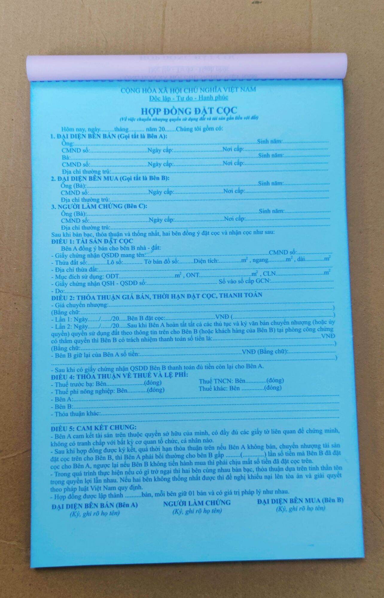 Hợp đồng đặt cọc nhà đất 2 liên và 3 liên - Giấy đẹp láng mịn và nhận mực tốt