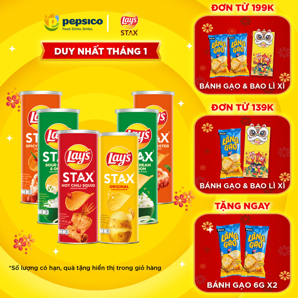 Combo 6 Lays Stax 100gr (gồm Tự nhiên Mực sốt cay 2 Tôm hùm nướng ngũ vị 2 Kem chua hành)