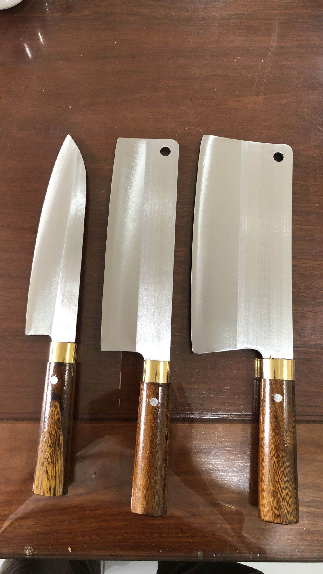 Bộ dao 3 món nhà bếp không gỉ, cán cẩm chỉ khâu đồng.